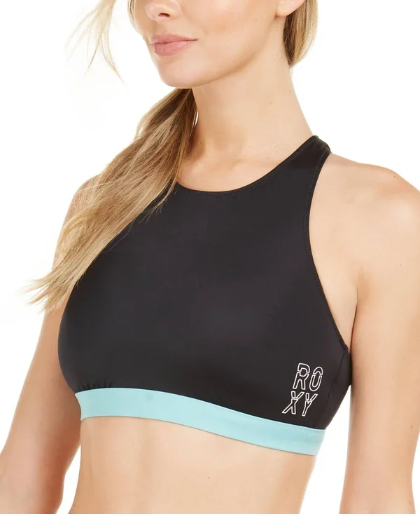 Roxy Fitness Color Block Crop Top Women's Swimwear Anthracite : LG
