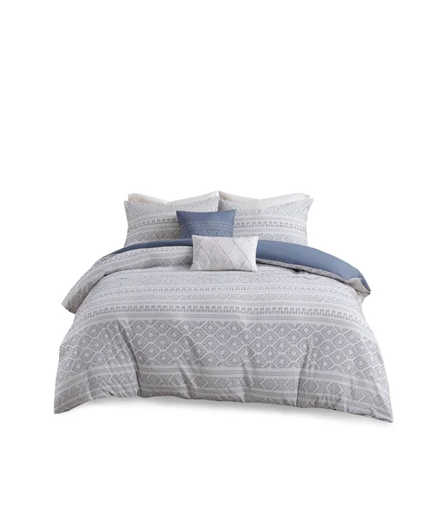 Urban Habitat Lizbeth 5 Piece Cotton Clip Jacquard Duvet Cover Set - White/Indigo - Full/Queen