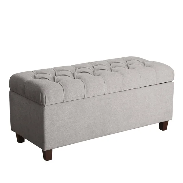 Fabric Upholstered Button Tufted Wooden Bench with Hinged Storage - Gray and Brown - As Pictured