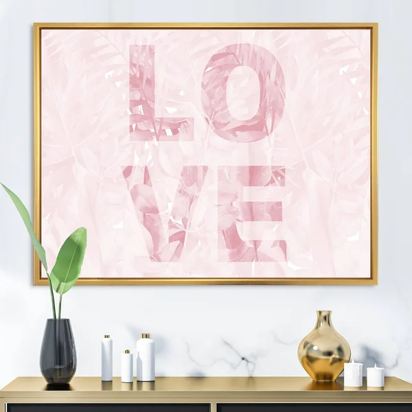 Designart 'Pink Pastel Love' Shabby Chic Framed Canvas Wall Art Print - 32 in. Wide x 16 in. High - Gold