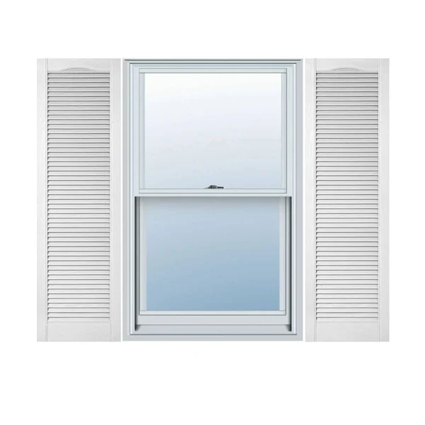 12 inchw x 29 inchh Lifetime Vinyl, Custom Cathedral Top All Louver, Open Louver Shutters, w/Shutter-Loks (Per Pair), Bright Whi