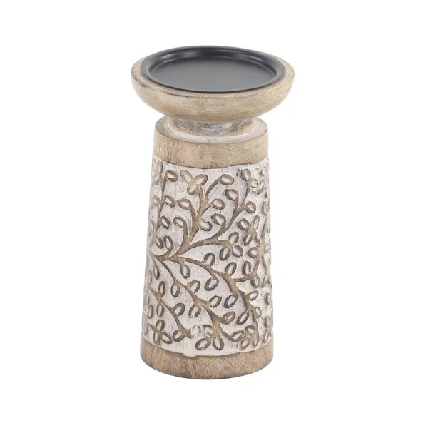 The Curated Nomad Buckroe 3-Piece Rustic Mango Wood Flourish-Patterned Candle Holder Set