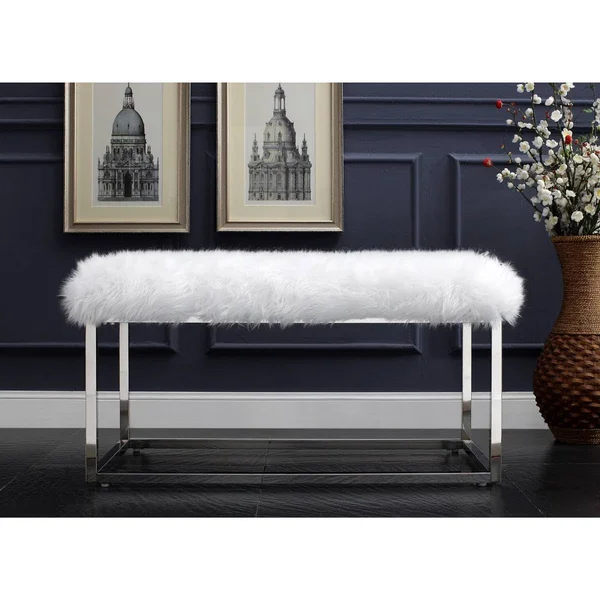 Posh Living Joseph White Faux Fur Bench - Chrome Frame - Ottoman
