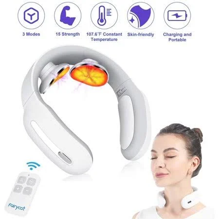 Happylineneck Massager with Pulse Heated, Smart Cordless 4D Electric Neck Massage Equipment with 3 Modes and 15 Speeds for Offic