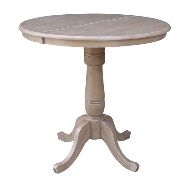 International Concepts 36x22 Round Extension Dining Table 34.9x22H with 2 Madrid Counter Height Stools - Washed Gray Taupe