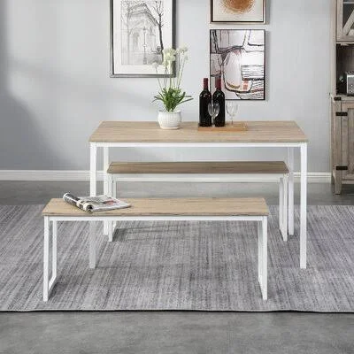 Distressed Brown Three Pieces Farmhouse Kitchen Table Set Latitude Run Table Top Color: Oak, Table Base Color: White, Bench Colo