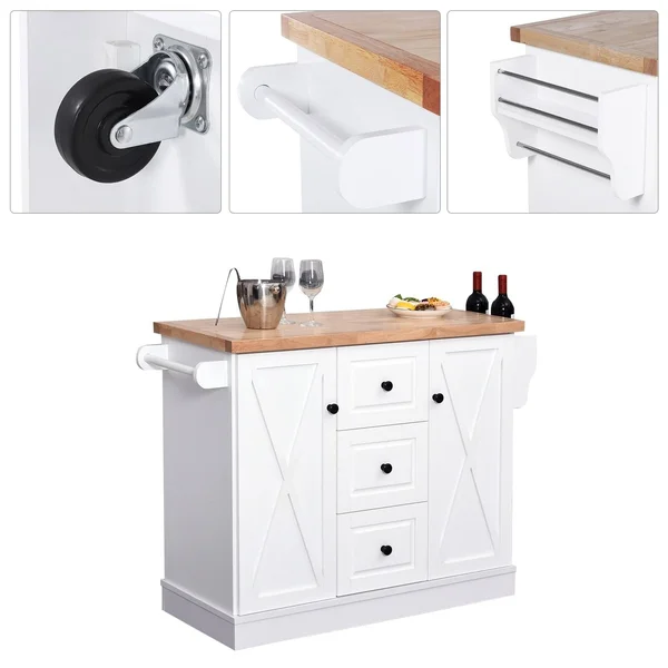 HOMCOM Wooden Mobile Kitchen Island Cart with Drawers and Wheels - White