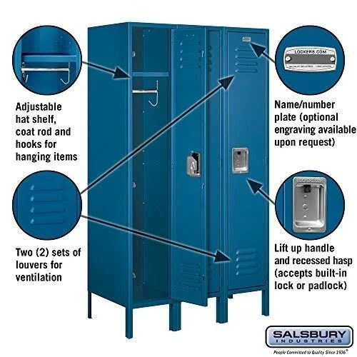 Salsbury Industries Standard Metal Locker - Single Tier - 3 Wide - 5 Feet High - 18 Inches Deep Blue