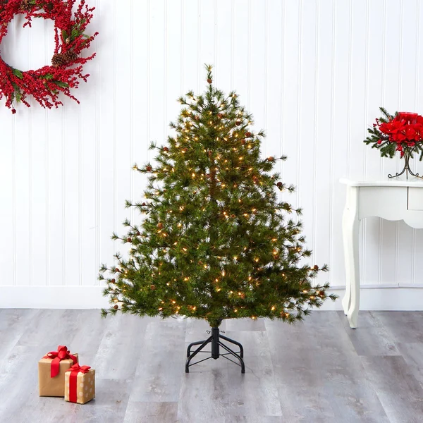 Nearly Natural 5 Foot Colorado Mountain Pine Artificial Christmas Tree with 250 Clear Lights - 669 Bendable Branches, and Pine Co