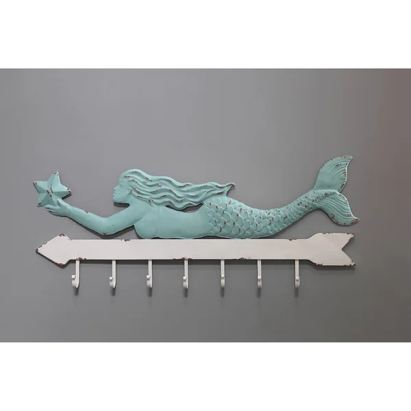 Creative Co-op Aqua & White Metal Mermaid Wall Decor with 7 Hooks