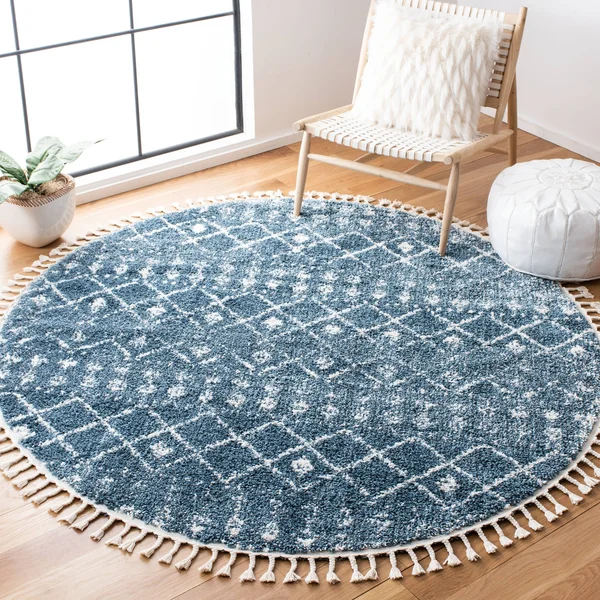 Safavieh 6&-7x22 x 6&-7x22 Square Berber Fringe Shag BFG519N Dark Blue - Ivory Rug