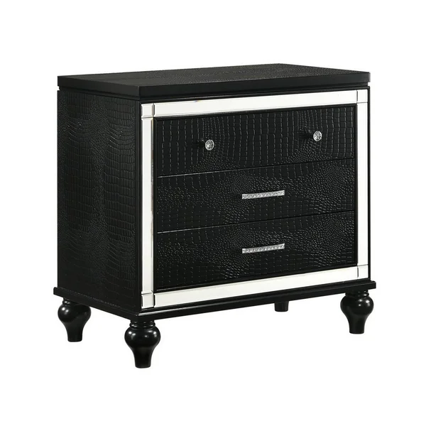 3 Drawer Wooden Nightstand with Mirror Accents and Faux Crystal Pulls - Black