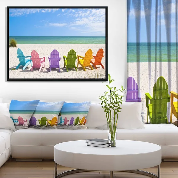 Designart &Adirondack Beach Chairs& Seashore Photo Framed Canvas Art Print - 20 in. Wide x 12 in. High - White