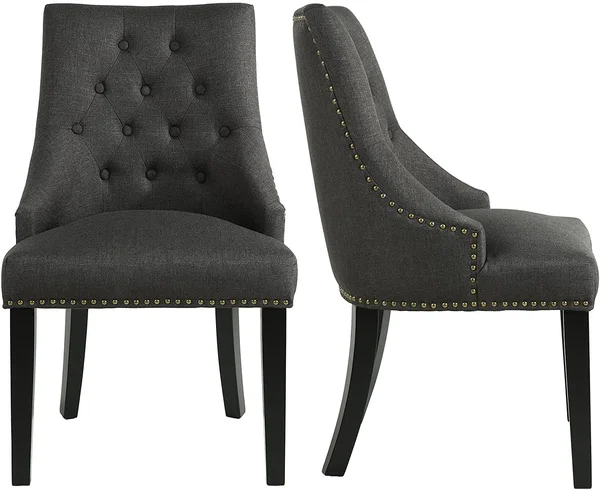 LSSBOUGHT Set of 2 Fabric Dining Chairs Leisure Padded Chairs with Black Solid Wooden Legs, Nailed Trim, Charcoal