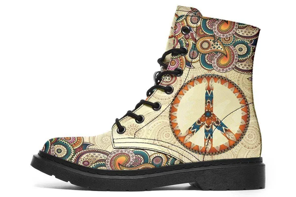 Tan Peace Mandala Boots - Peace Sign Boots, YesWeVibe Women's Boots, Black Sole, US 8, EU39.5