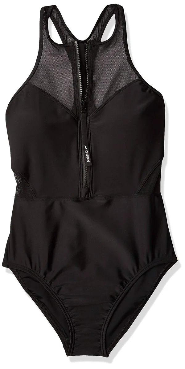 Speedo Women's Zip Front One Piece Swimsuit, Size 12, Black
