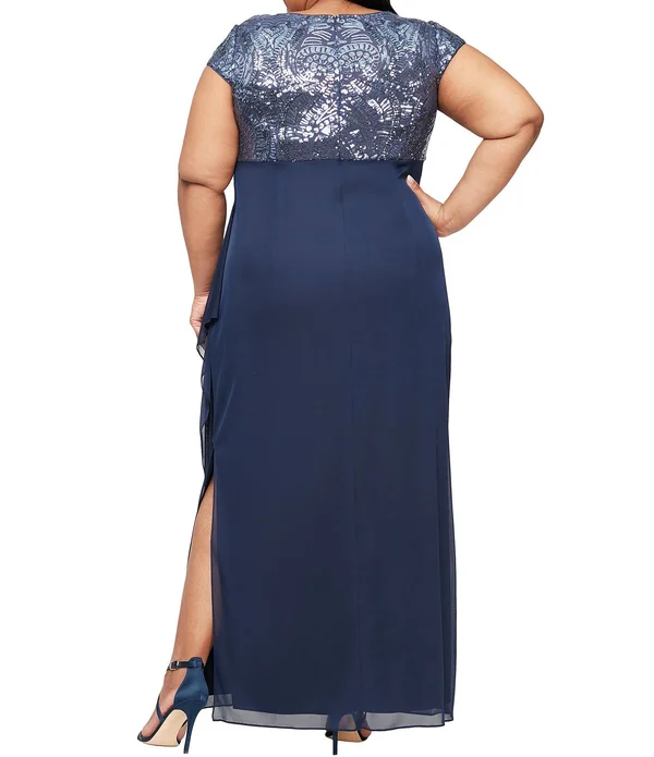Alex Evenings Plus Size Jewel Neck Cap Sleeve Stretch Sequin Side Ruffle Gown - 18W