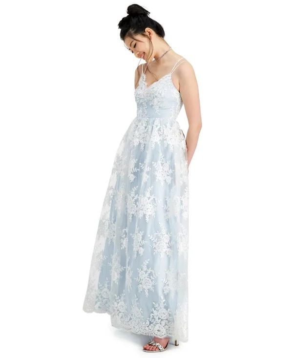 Say Yes to The Prom Juniors& Embroidered Mesh Gown, Created for Macy&s - Powder Blue/White