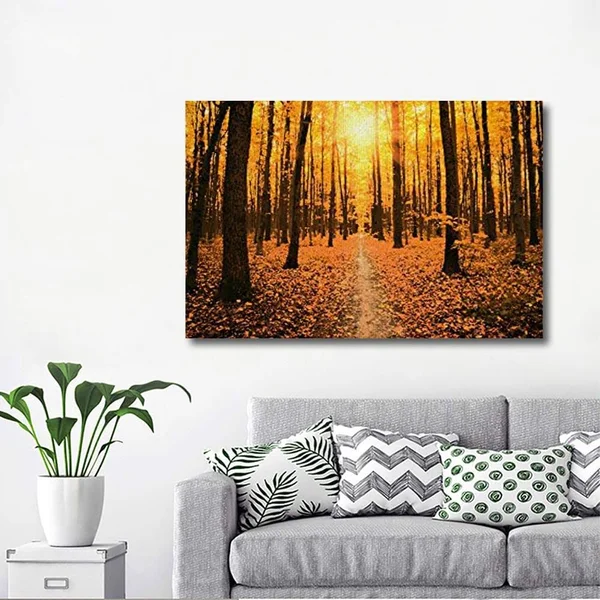 Wall26 - Canvas Wall Art - Landscape with Path in Yellow Forest in Autumn at Sunset - Gallery Wrap Modern Home Decor, Ready to