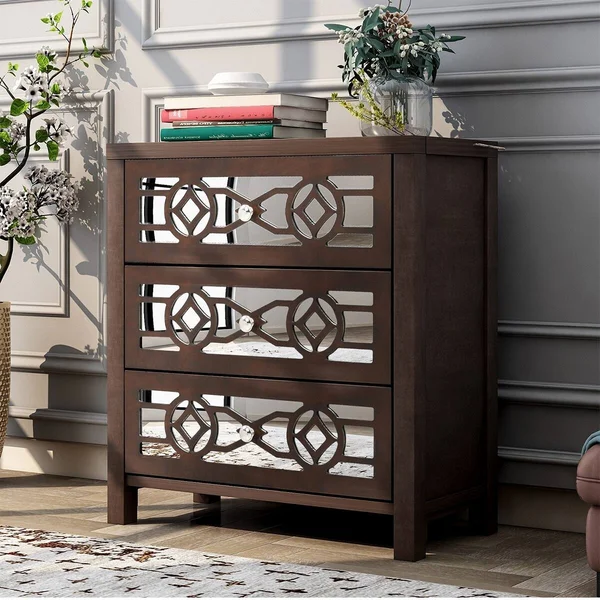 Merax 3-Drawer Mirrored Front Wood Accent Chest - Espresso