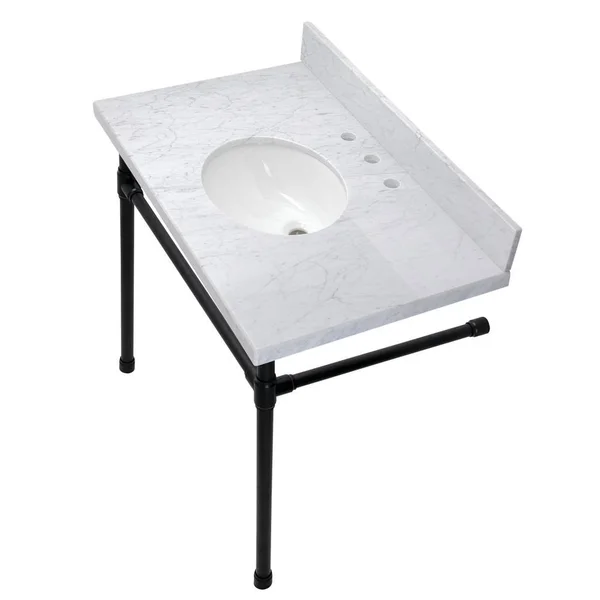 Kingston Brass Dreyfuss 36 in. Carrara Marble Console Vanity Top with Stainless Steel Legs in Marble Matte Black, Marble White/M