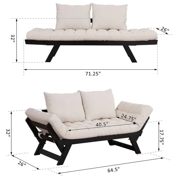 HomCom Black - Cream White Single Person 3-Position Convertible Couch Chaise Lounger Sofa Bed