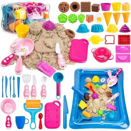 Toyhub Play Sand for Kids - Ice Cream Set, 3lbs Magic Sand, Food Sand Molds Tools, Play Sand Kit, Sand Tray and Storage Bag, 44pcs