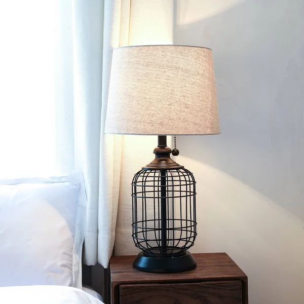 Merra 18 in. Black Cage Table Lamp with Oatmeal Linen Shade