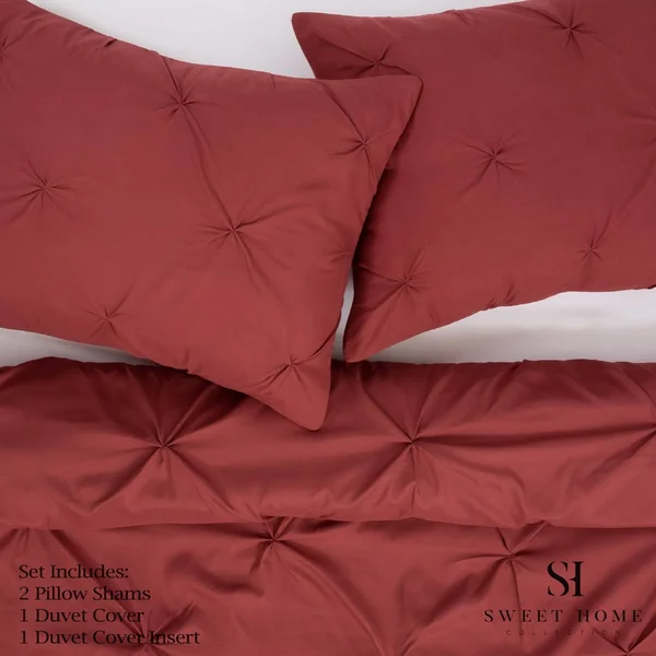 Luxury 4-Piece Pinch Pleat Pintuck Duvet Set - King - Burgundy