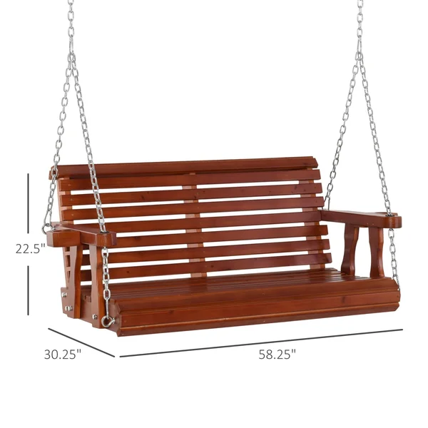 Outsunny 2 Seater Outdoor Porch Swing Seat with Cup Holder Chains Wooden Hammock Bench for Garden Patio Yard Brown