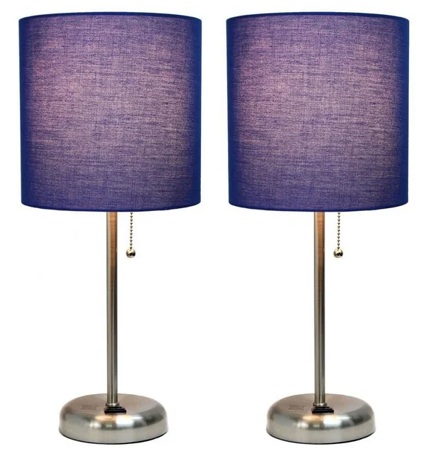 Limelights Brushed Steel Stick Lamp with Charging Outlet and Fabric Shade 2 Pack Set - Navy