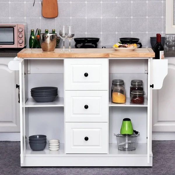 HOMCOM Wooden Mobile Kitchen Island Cart with Drawers and Wheels - White