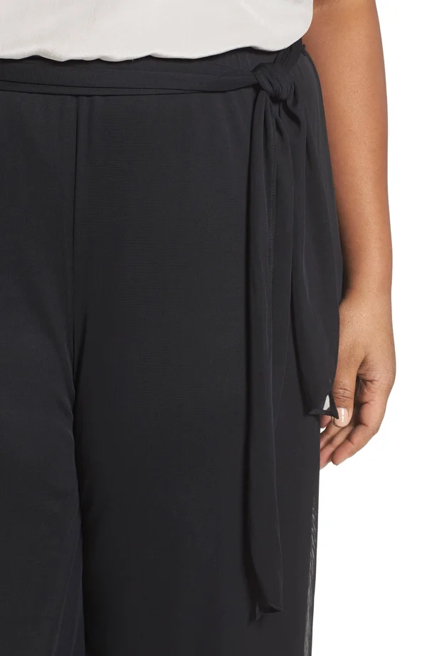 Alex Evenings Plus Size Mesh Waist-Tie Pants - Black