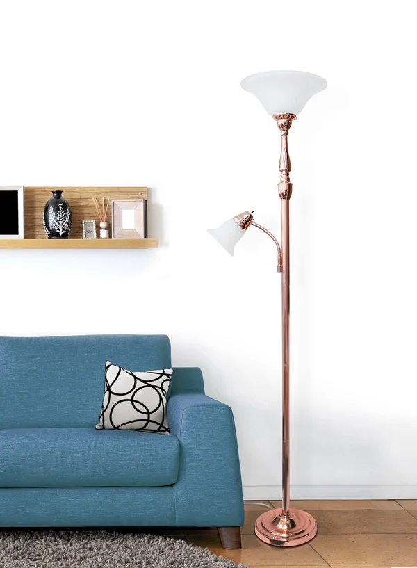 Elegant Designs 2 Light Mother Daughter Floor Lamp with White Marble Glass - Rose Gold