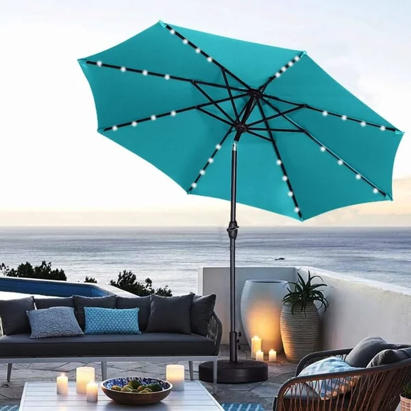 Ainfox 9ft Patio Umbrella with LED Lights & Round Base - Brown, 9 x 9 x 7.61ft