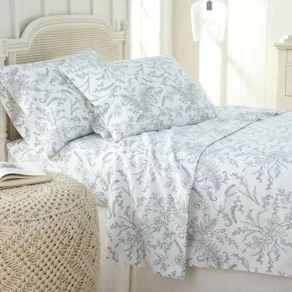 Southshore Fine Linens Winter Brush Botanical Print Deep Pocket Sheet Set - King - White w/ Teal Flowers