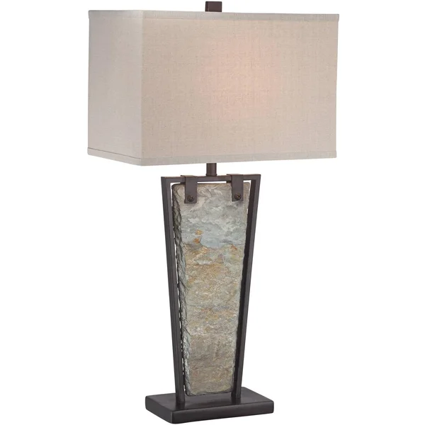 Franklin Iron Works Modern Table Lamp Tapered Natural Slate Bronze Metal Rectangular Shade for Living Room Family Bedroom Bedsid