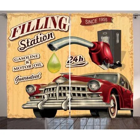 Cars Curtains 2 Panels Set - Filling Station Gasoline and Oil Drawing with A Realistic Car Design Art Print, Window Drapes for Li