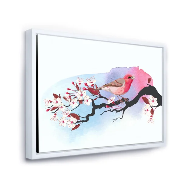Designart 'Pink Bird on Cherry Branch' Traditional Framed Canvas Wall Art Print - 20 in. Wide x 12 in. High - White
