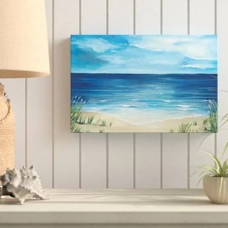 Highland Dunes 'Peaceful Beach Scene' Acrylic Painting Print on Canvas - Green
