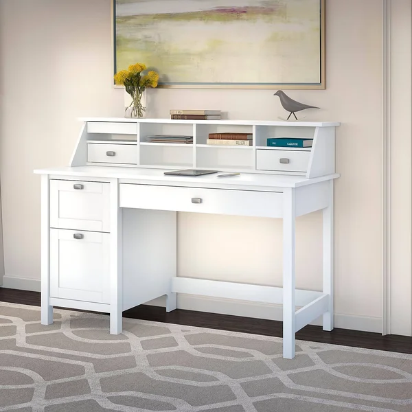 Bush Furniture Broadview Computer Desk With 2 Drawer Pedestal And Organizer, Pure White