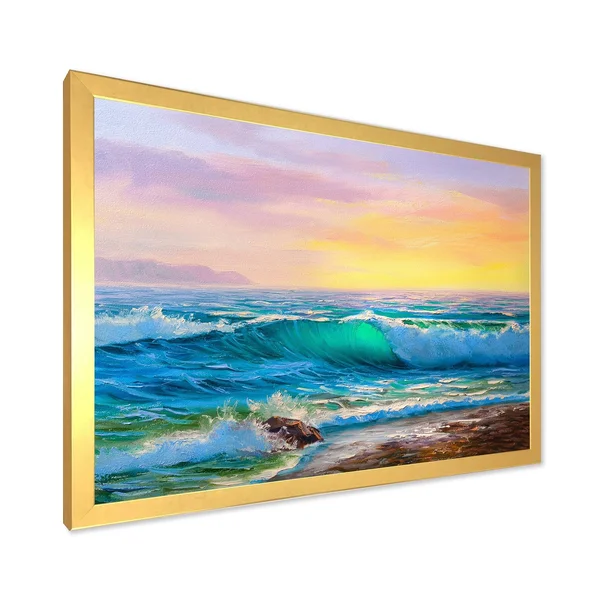 Designart &Blue Waves Breaking at The Beach IV& Nautical & Coastal Framed Art Print - 32 in. Wide x 24 in. High - Black