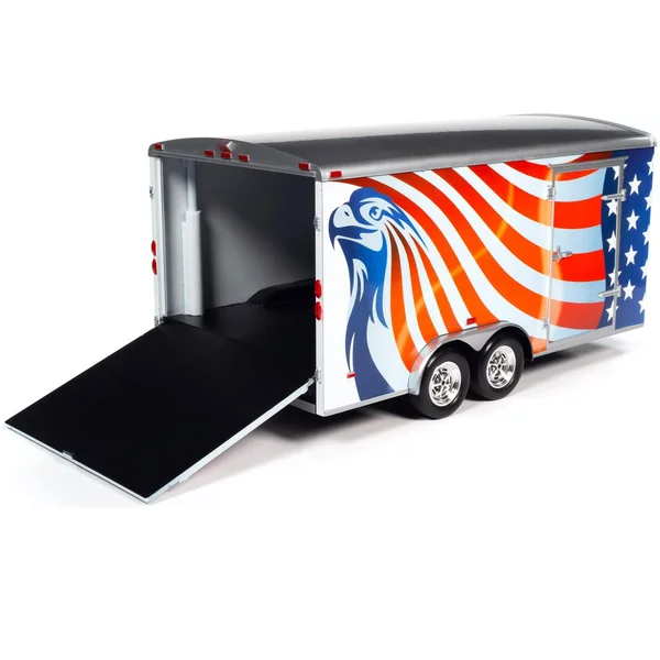 Four Wheel Enclosed Car Trailer with American Flag Graphics American Muscle 30th Anniversary for 1/18 Scale Model Cars by Autowo