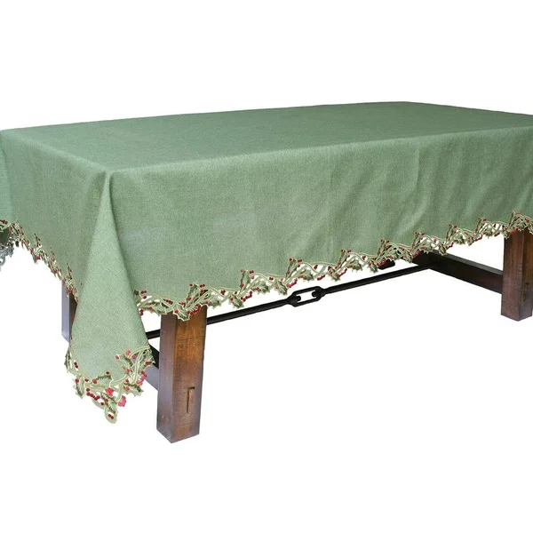 Xia Home Fashions Holiday Holly Embroidered Cutwork Tablecloth, Green
