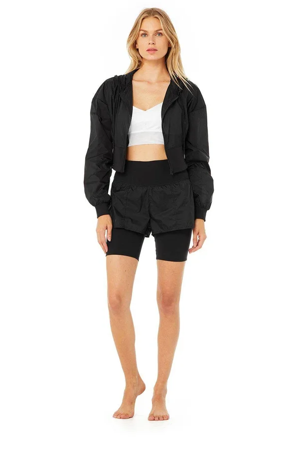 Alo Yoga Nebula Zip-Front Hooded Crop Jacket, Black, Women's, Small