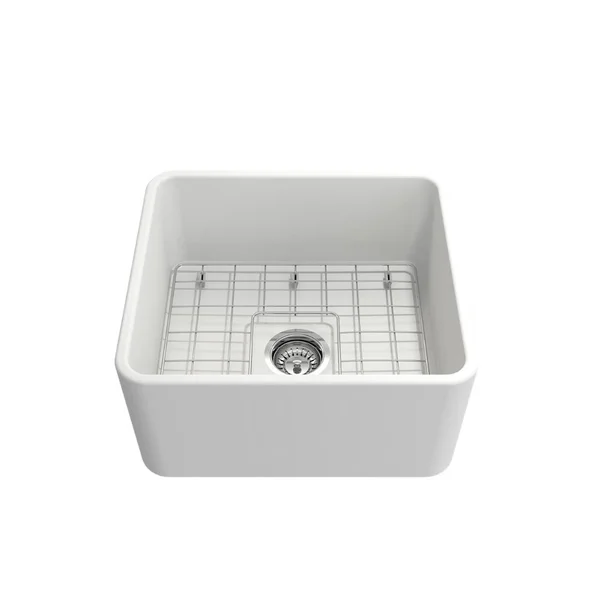 BOCCHI Classico Farmhouse Apron Front Fireclay 20x22 Single Bowl Kitchen Sink with Protective Bottom Grid and Strainer, Black