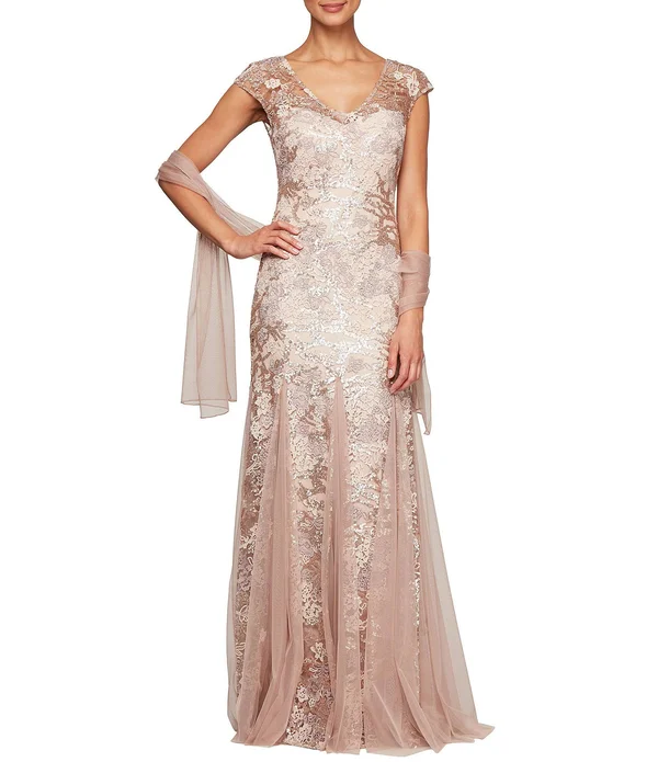 Women's Alex Evenings Sequin Embroidered Trumpet Gown - 14, Rose Gold