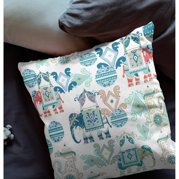 Elephant Howdah Suede Blown & Closed Pillow w/ Insert in Blue & White 20x22x20x22