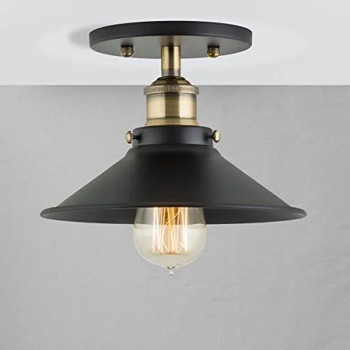 Linea di Liara Andante Industrial Vintage Ceiling Light Fixture, Black w/Antique Brass Semi Flush Mount Ceiling Light with Bulb