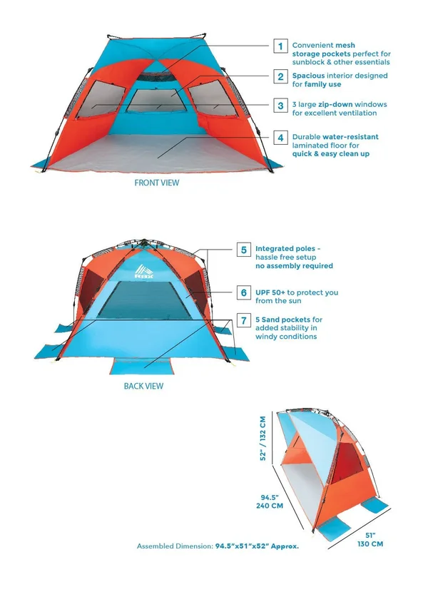Rbx Family Sized Beach and Activity Tent - XL in Yellow